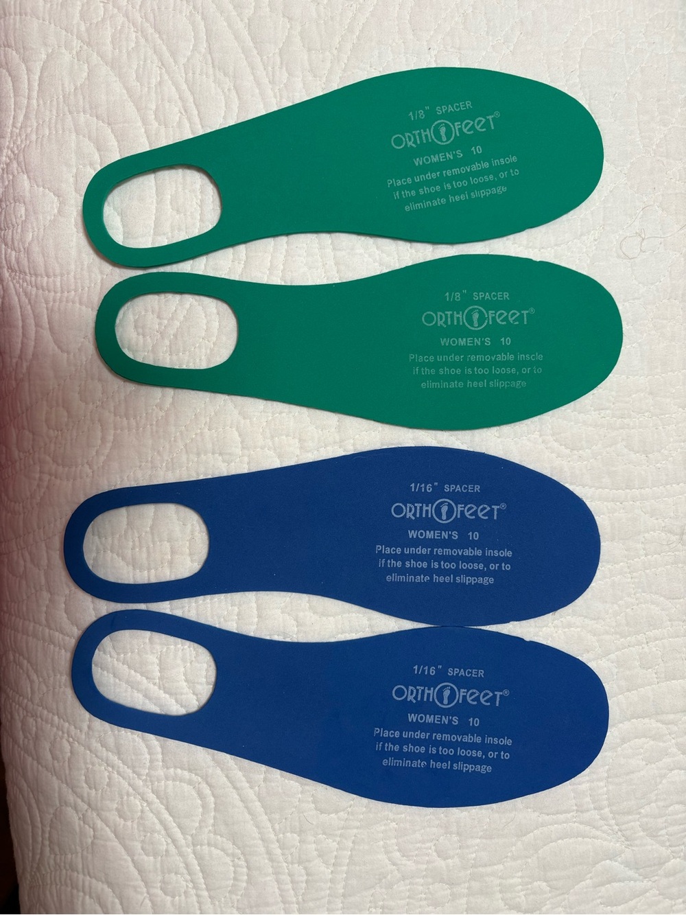 OrthoFeet Women's Green and blue  1/8" Spacer Insoles - Removable Heel Inserts.